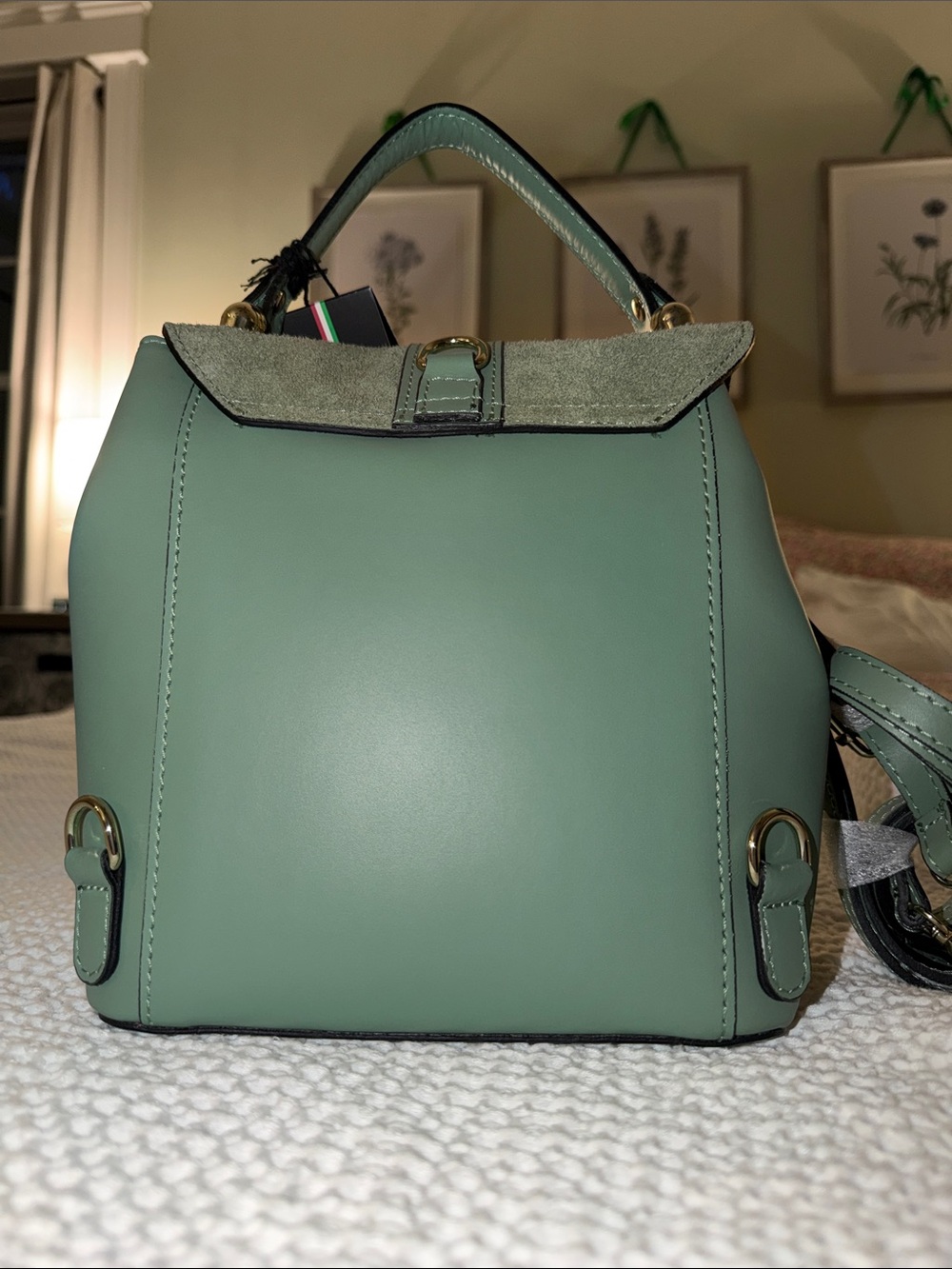 Viola Castellani Sage Green Leather Satchel with Suede Flap - Picture 2 of 6